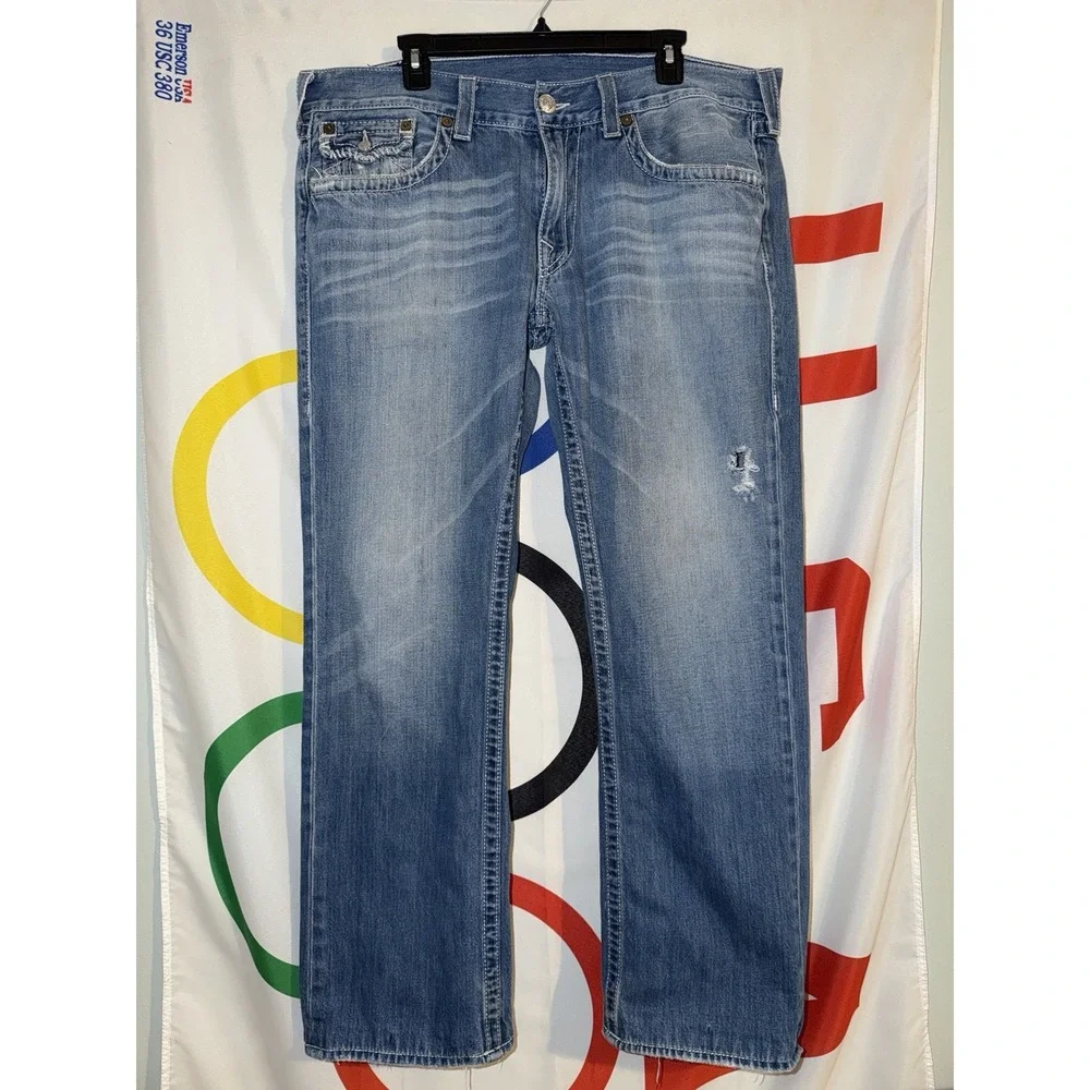 True Religion Straight Fit Jeans Mens 38 Medium Wash Denim Baggy Flap Pocket